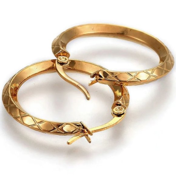 Crossed Ribbed Hoop Pierced Post Earrings Gold Tone Large Round Stainless Steel - Picture 2 of 13